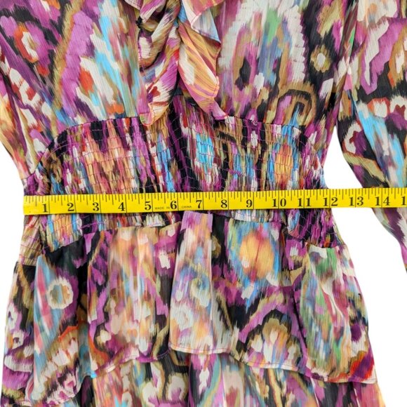 Zara Mini Ruffle Dress Multicolor Long Sleeve Smocked Tiered Sheer Size S - Picture 7 of 10